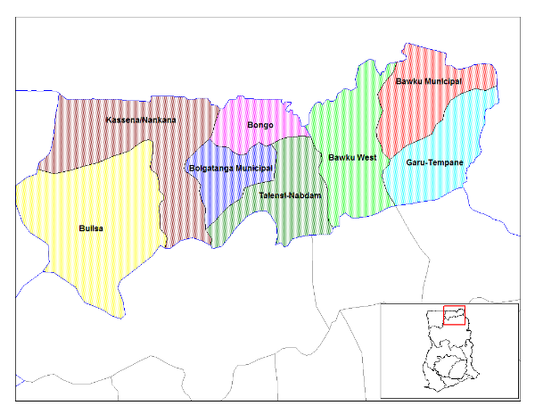 Map of the different districts in the Upper east region